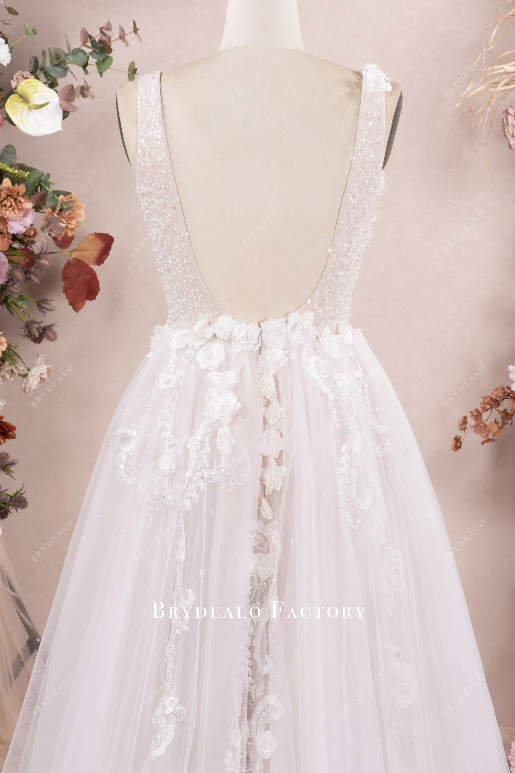 3D Flower Pearl Lace A-line Floor Length Wedding Dress