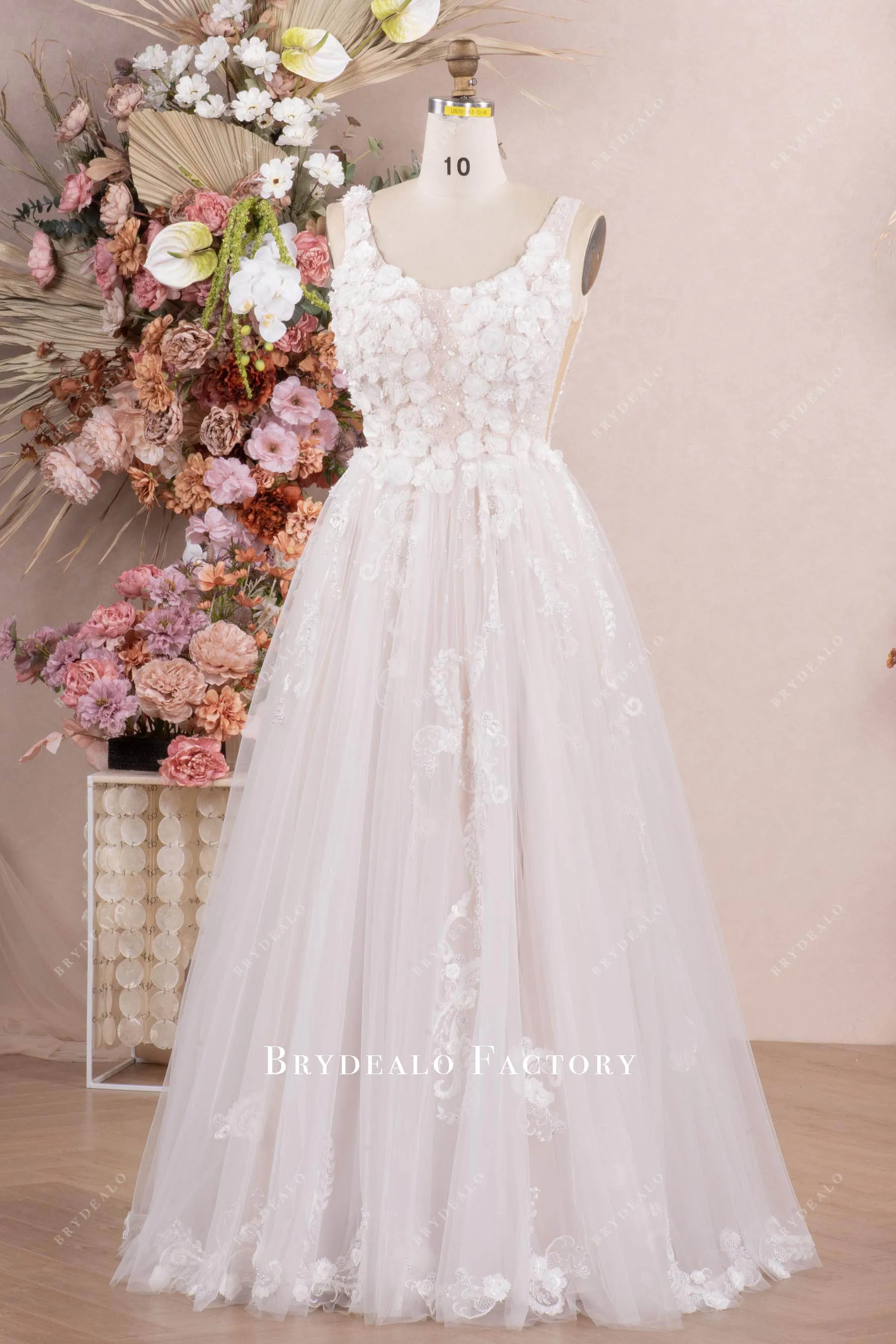 3D Flower Pearl Lace A-line Floor Length Wedding Dress