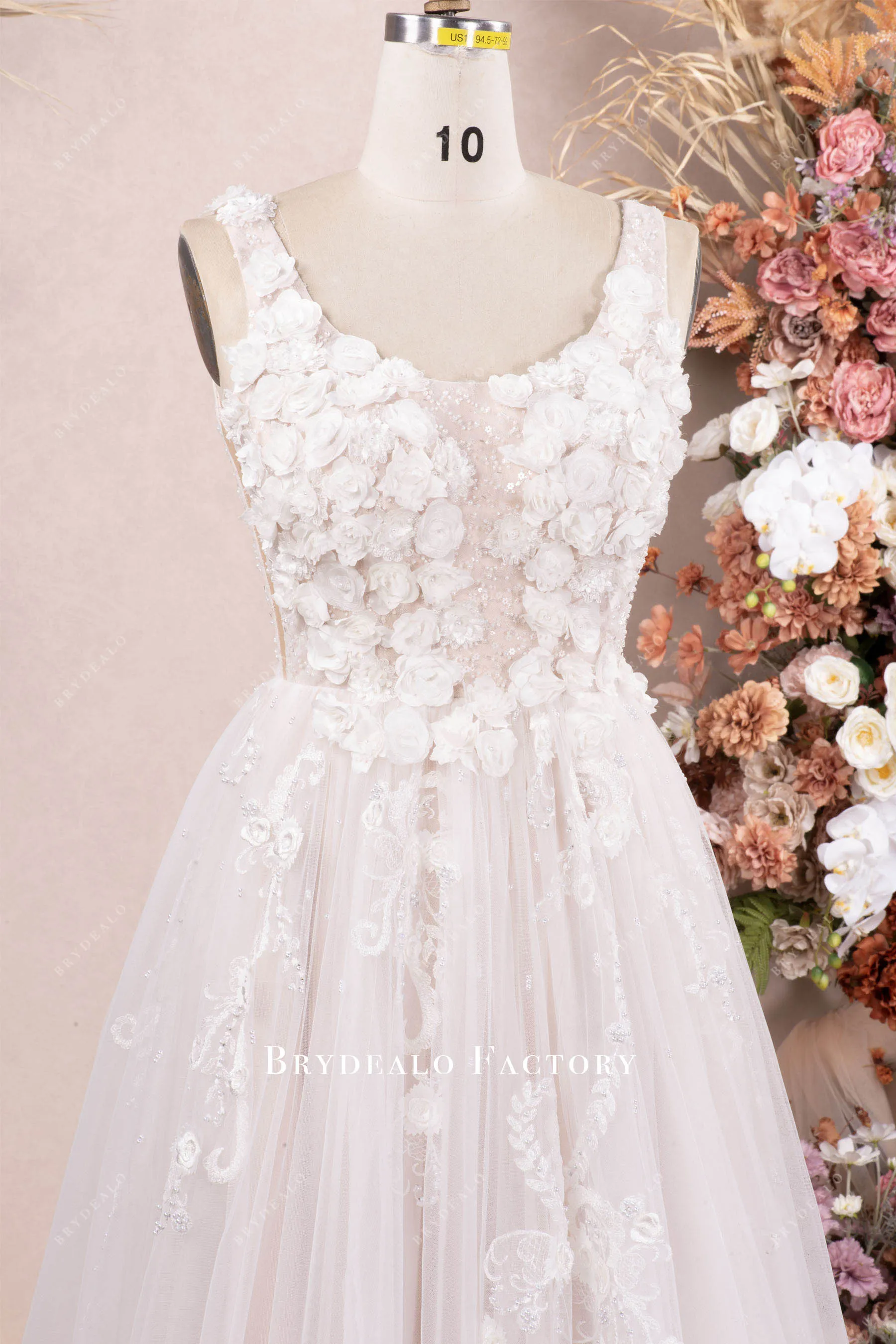 3D Flower Pearl Lace A-line Floor Length Wedding Dress