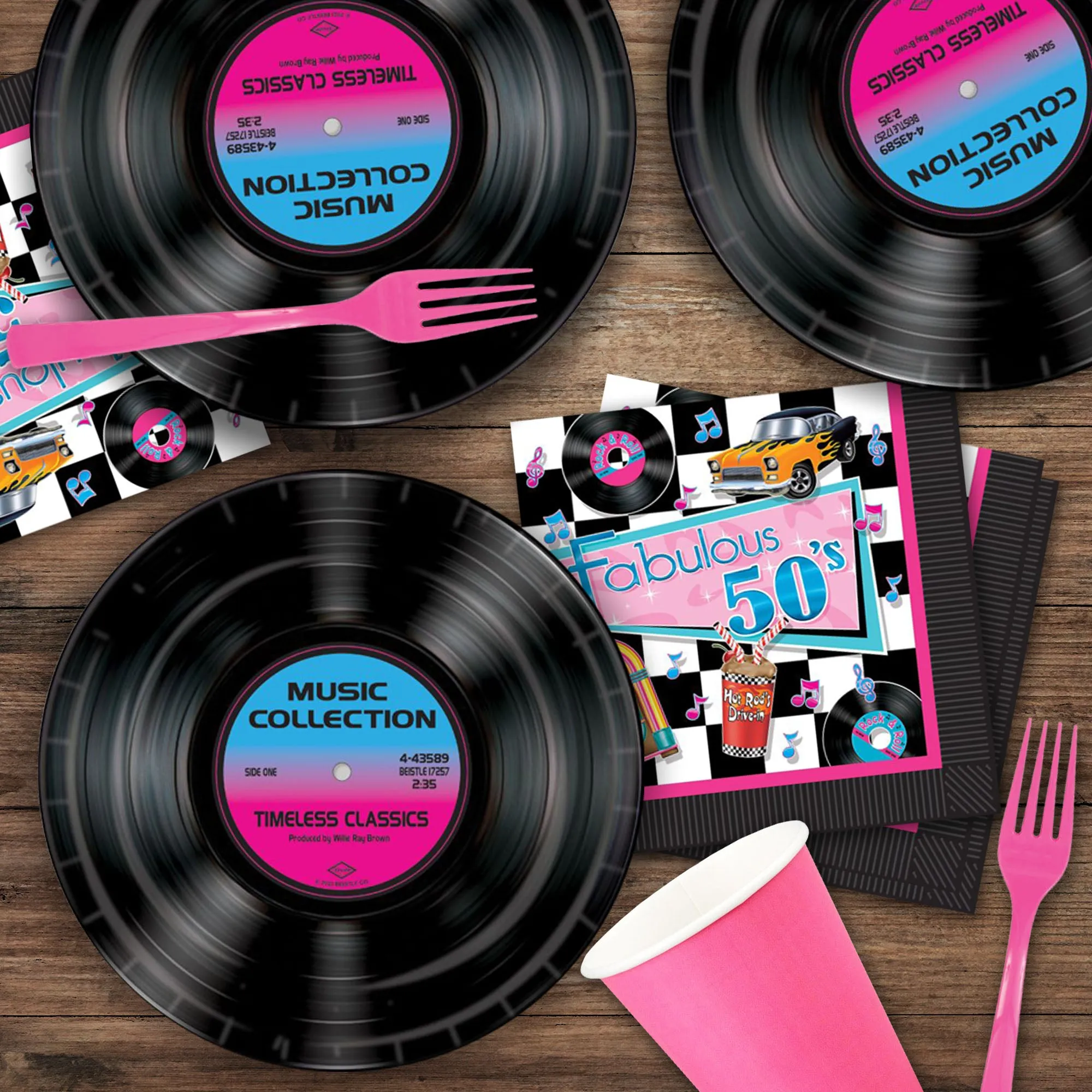 50's Party Supplies - Fabulous Fifties Music Record Paper Plates and Napkins (Serves 16)