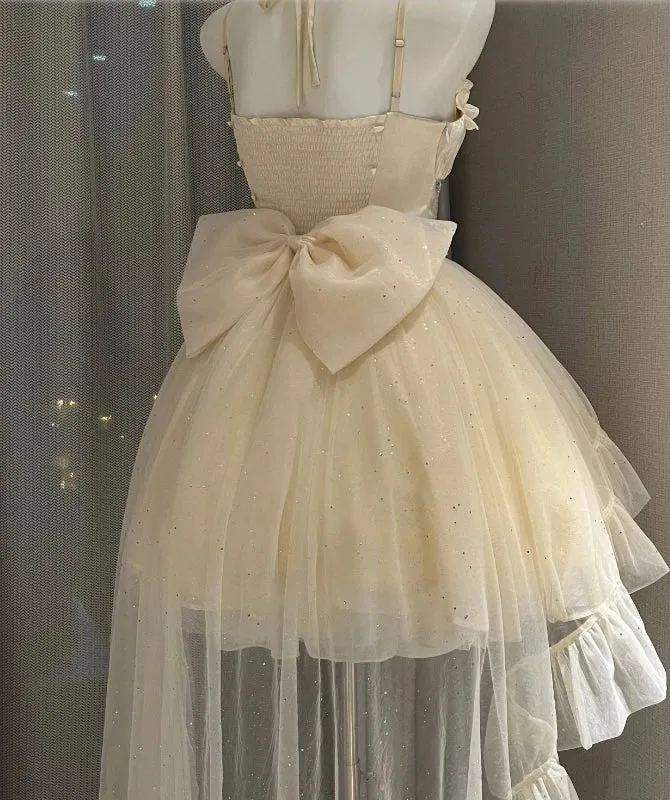 Advbridge  Cream Colour Dress Bride Skirt Sparkling Bow Dress Cos Lolita Princess Dress Vintage White Glitter Skirt White Skirt For Lovers