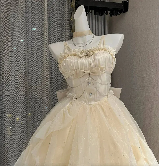 Advbridge  Cream Colour Dress Bride Skirt Sparkling Bow Dress Cos Lolita Princess Dress Vintage White Glitter Skirt White Skirt For Lovers