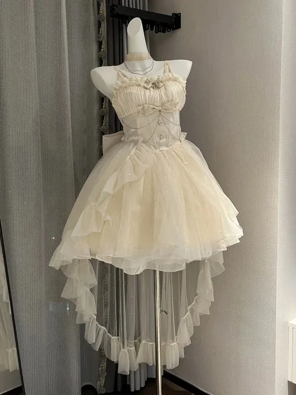 Advbridge  Cream Colour Dress Bride Skirt Sparkling Bow Dress Cos Lolita Princess Dress Vintage White Glitter Skirt White Skirt For Lovers