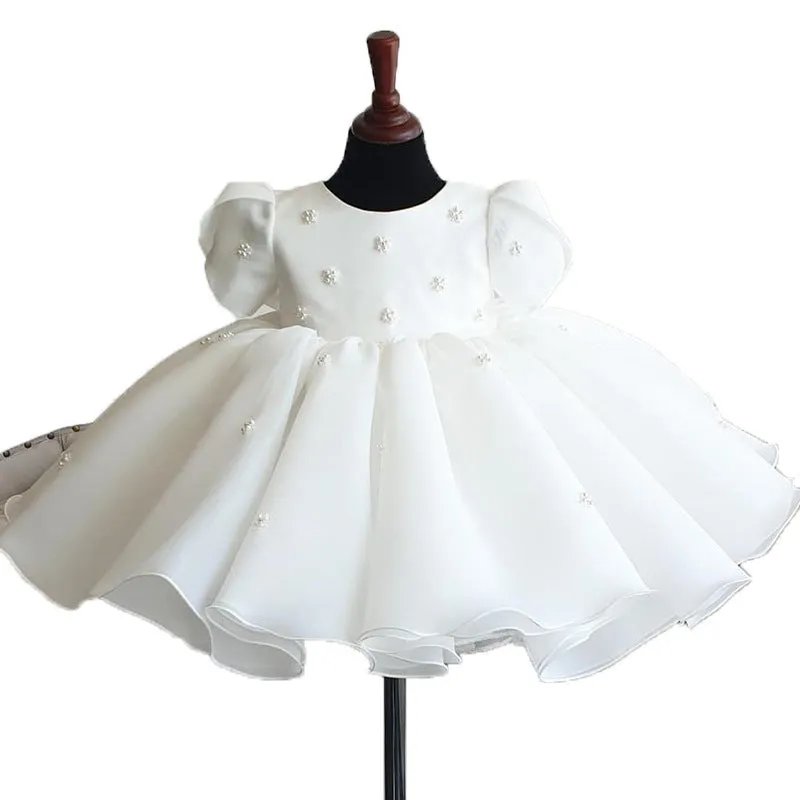 Baptism Dresses Baby Girl Summer White Sweet Pearl Flower Girl Dress Christening Dress