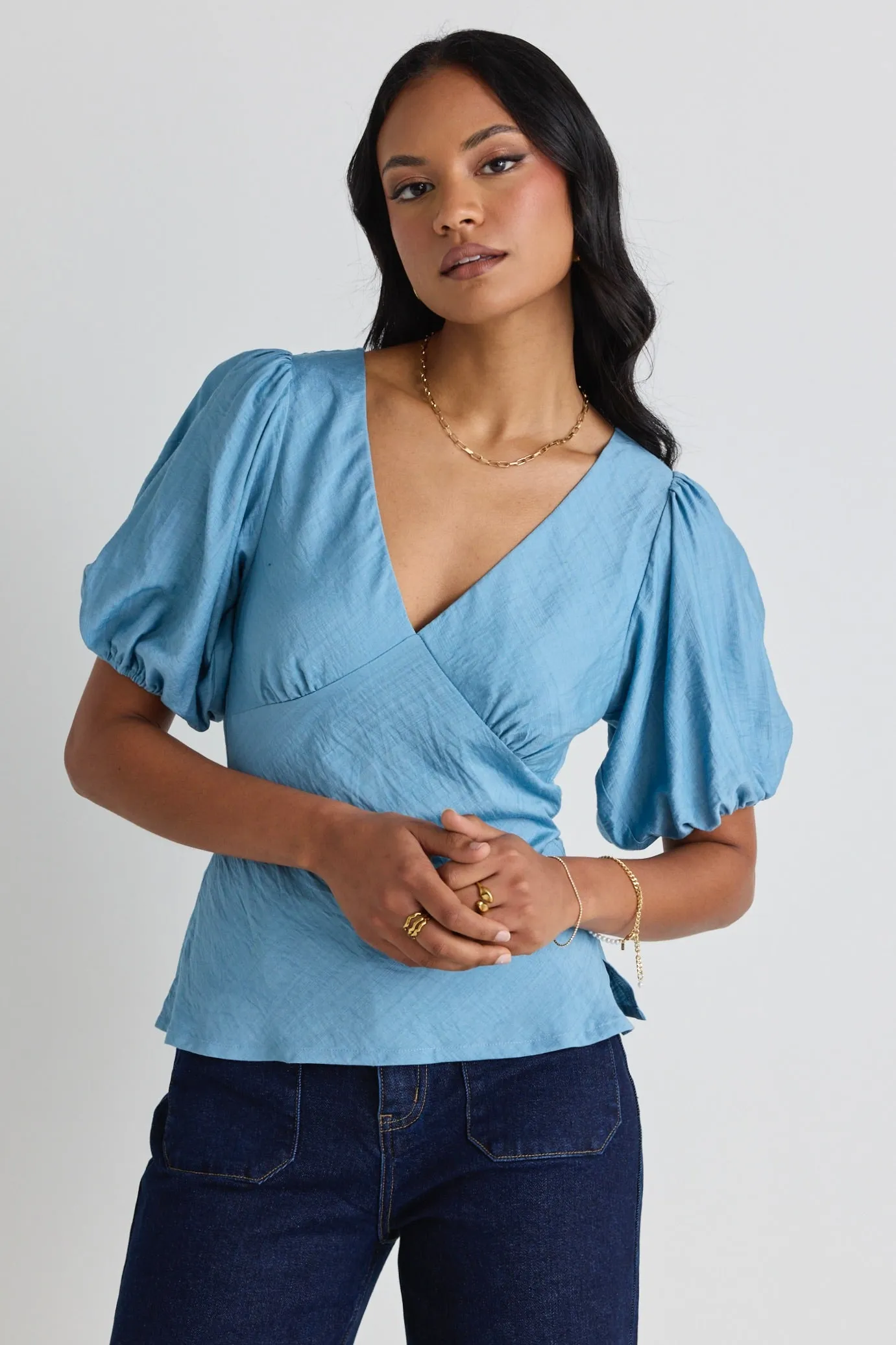 Basis Duck Egg Textured V Neck SS Top