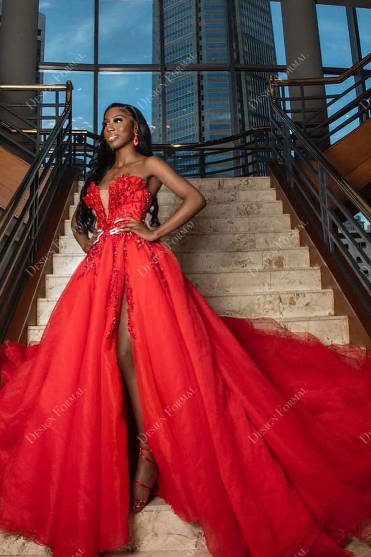 Beaded Red Tulle Strapless Plunging High Slit Crafted Prom Dress