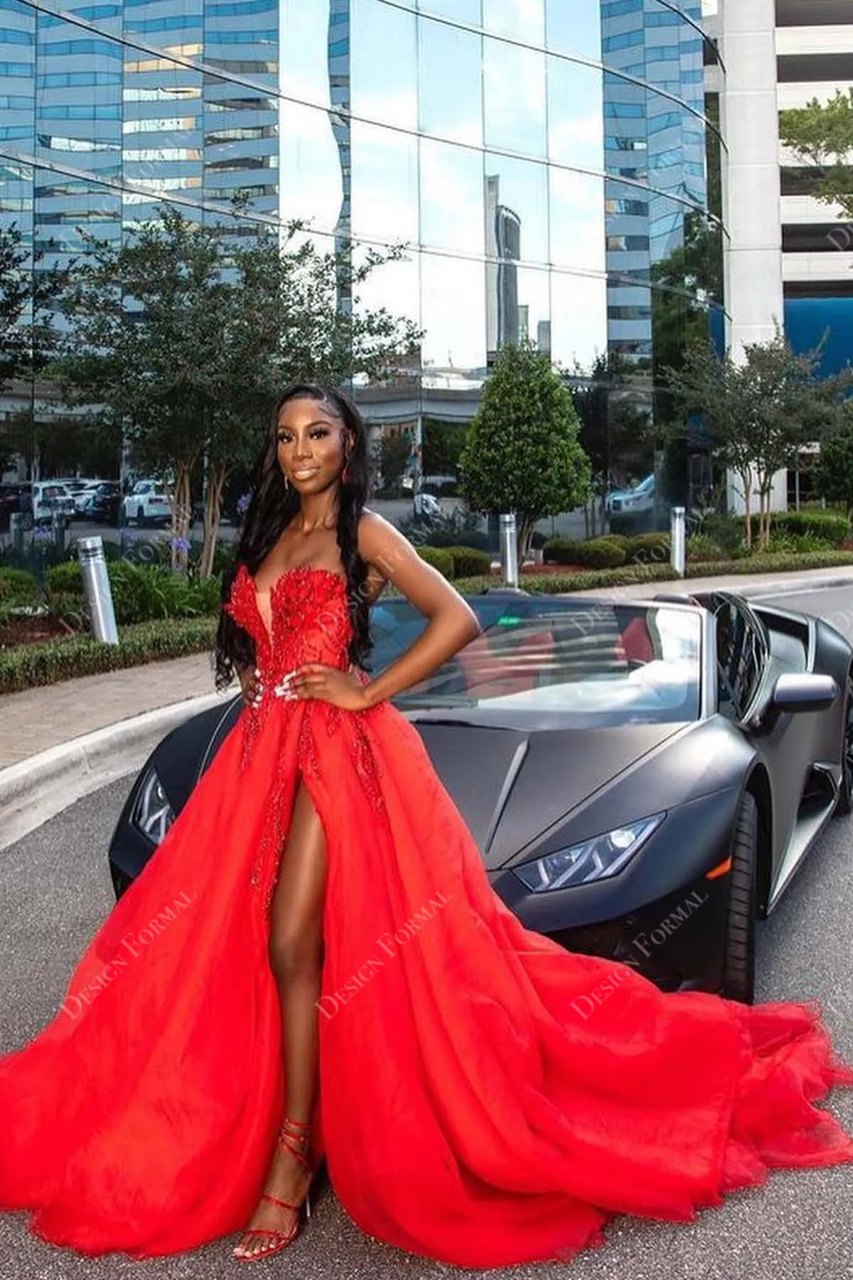 Beaded Red Tulle Strapless Plunging High Slit Crafted Prom Dress