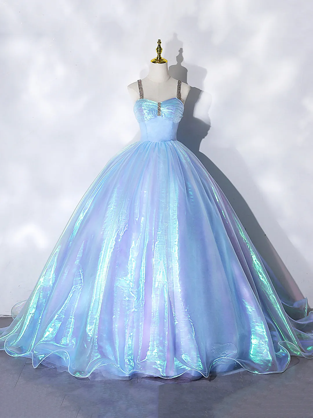 Beautiful Shiny Blue Tulle Long Formal Dress A-Line Spaghetti Strap Sweetheart Princess Dress