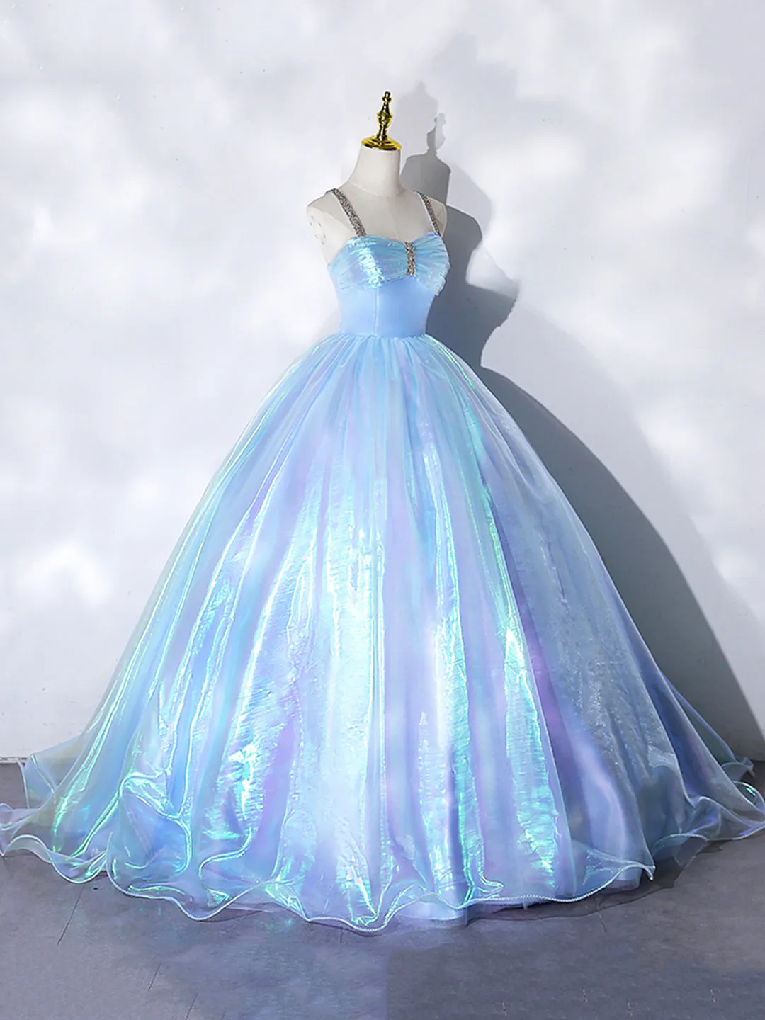 Beautiful Shiny Blue Tulle Long Formal Dress A-Line Spaghetti Strap Sweetheart Princess Dress