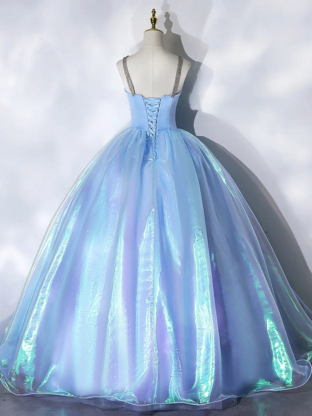 Beautiful Shiny Blue Tulle Long Formal Dress A-Line Spaghetti Strap Sweetheart Princess Dress