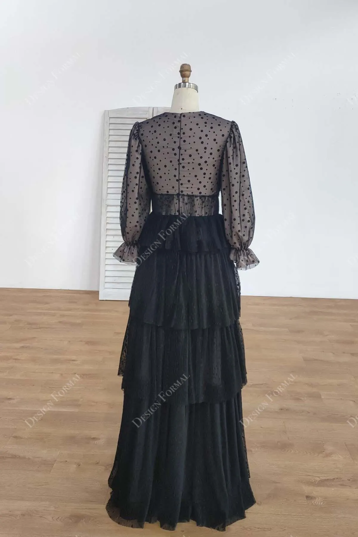 Black Dotted Ruffled Neck Puffy Sleeves Tiered A-line Designer Formal Dress