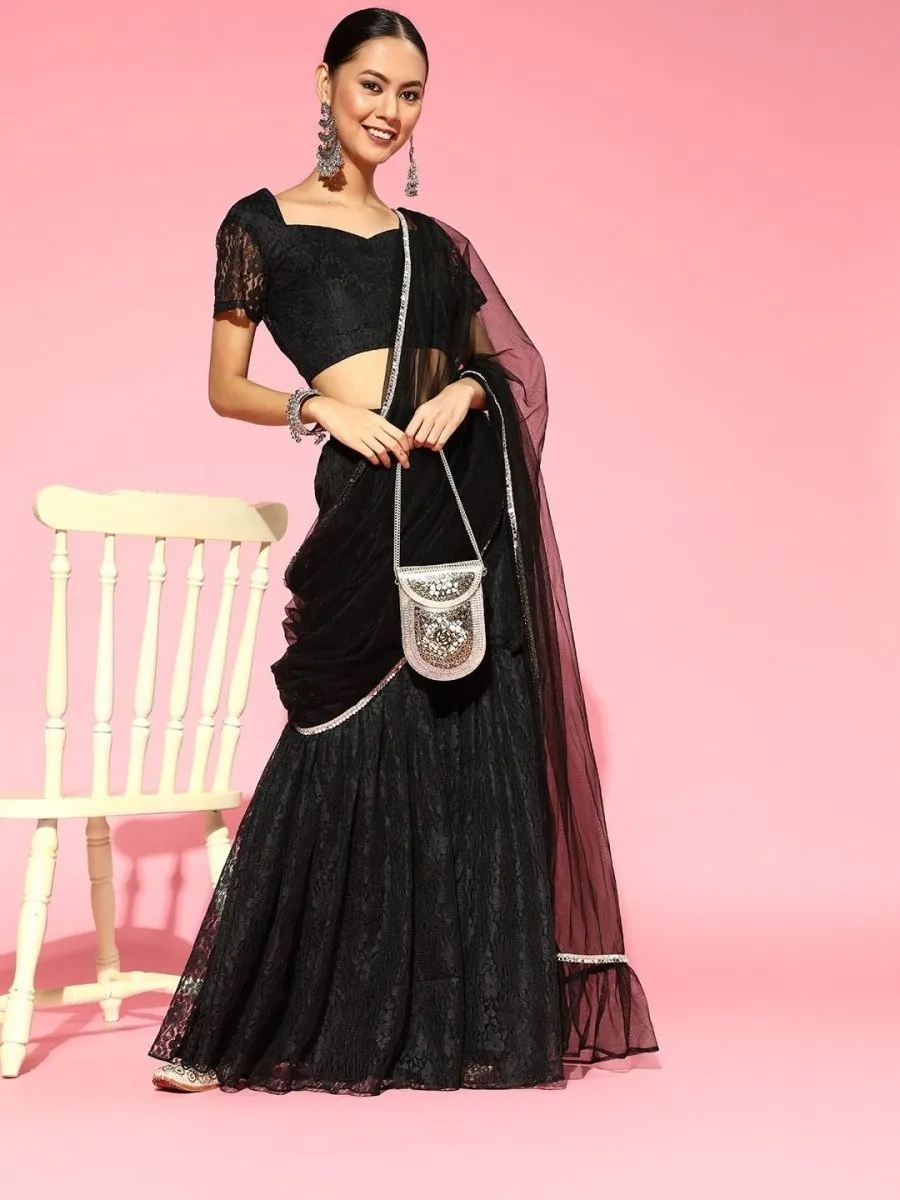 Black Net Stitched Ruffled Sharara Saree with Blouse Piece