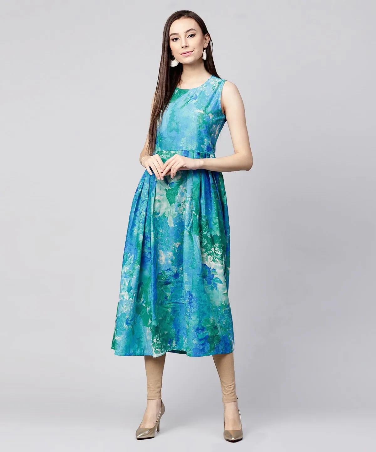 Blue Bangalori Printed Sleeveless A-Line Kurta With 3/4Th Sleeve Blouse Jacket