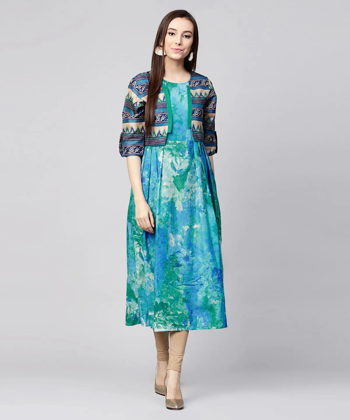 Blue Bangalori Printed Sleeveless A-Line Kurta With 3/4Th Sleeve Blouse Jacket