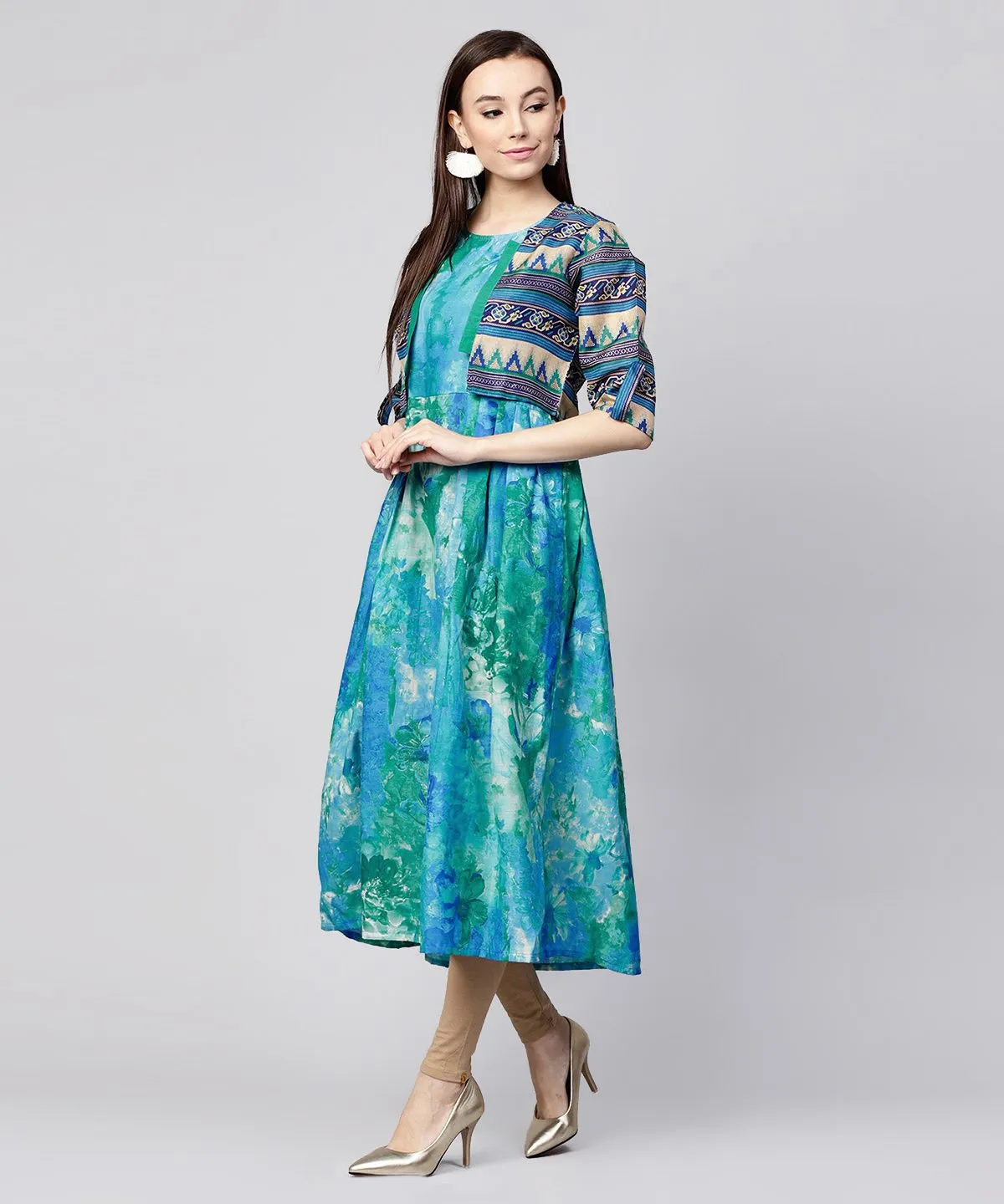 Blue Bangalori Printed Sleeveless A-Line Kurta With 3/4Th Sleeve Blouse Jacket