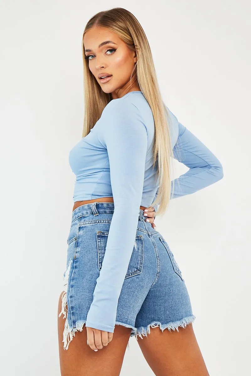 Blue Ruched Centre Front Fastening Crop Top - Cambrea