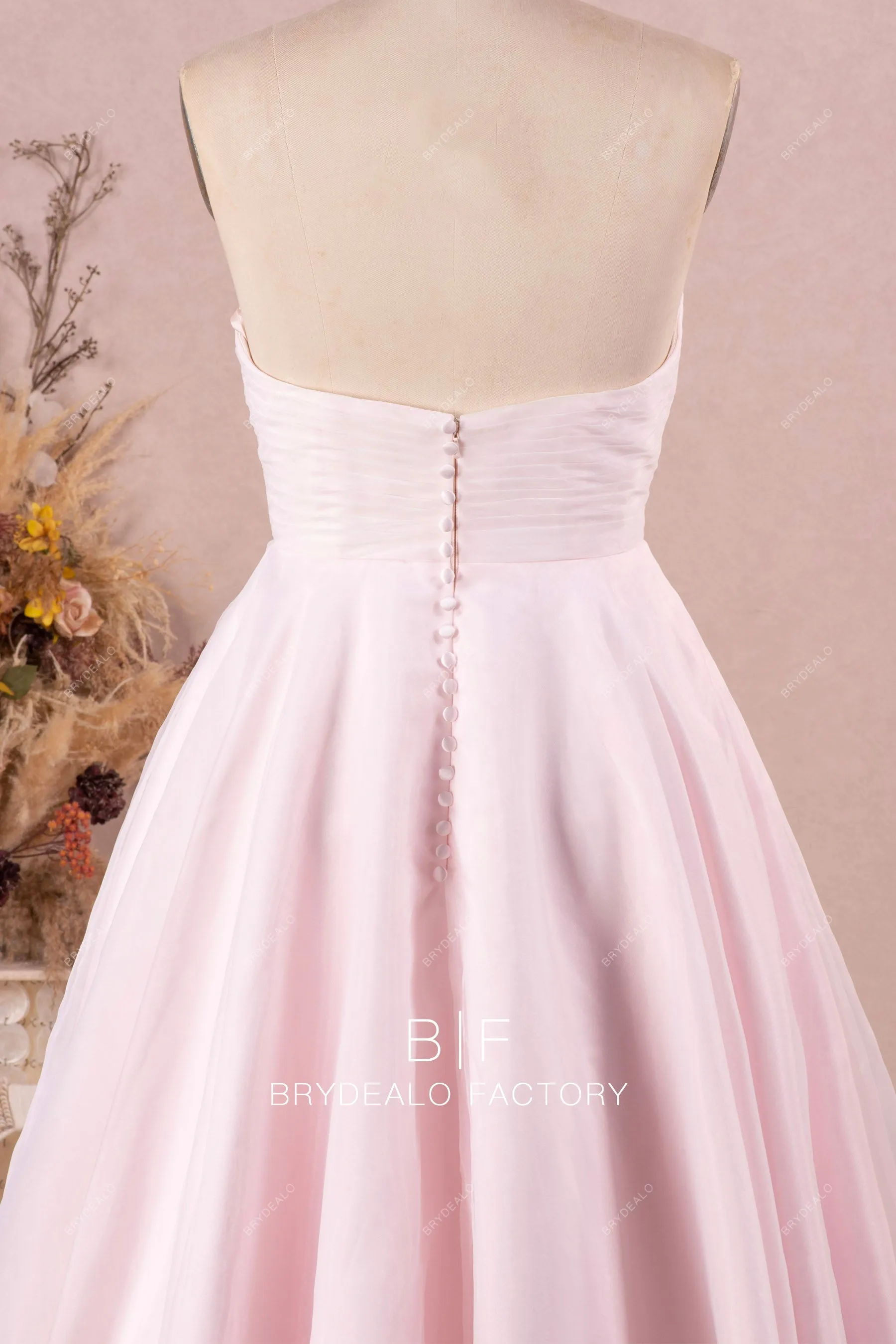 Blush Organza Strapless Tea-Length Puffy Bridal Dress