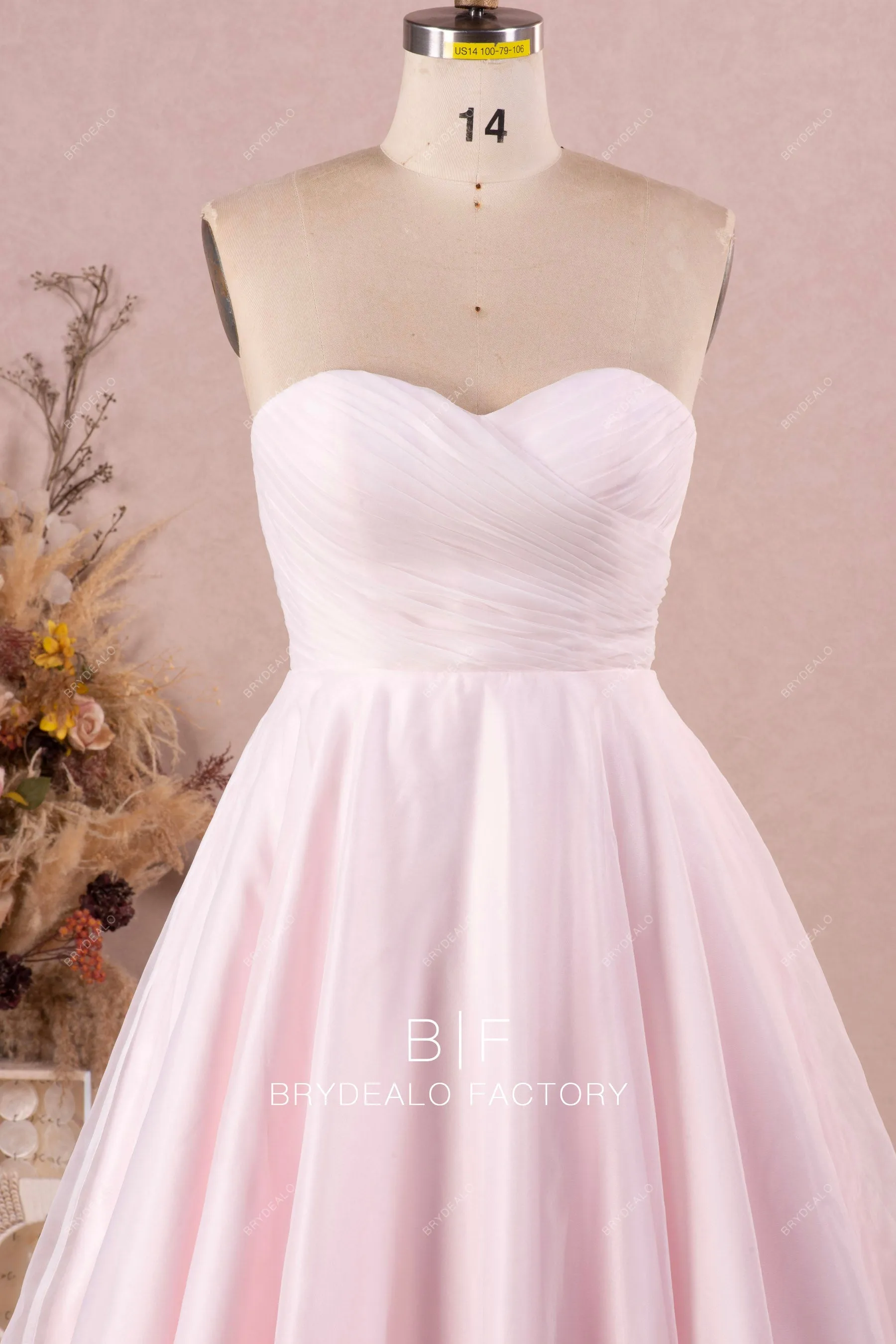 Blush Organza Strapless Tea-Length Puffy Bridal Dress