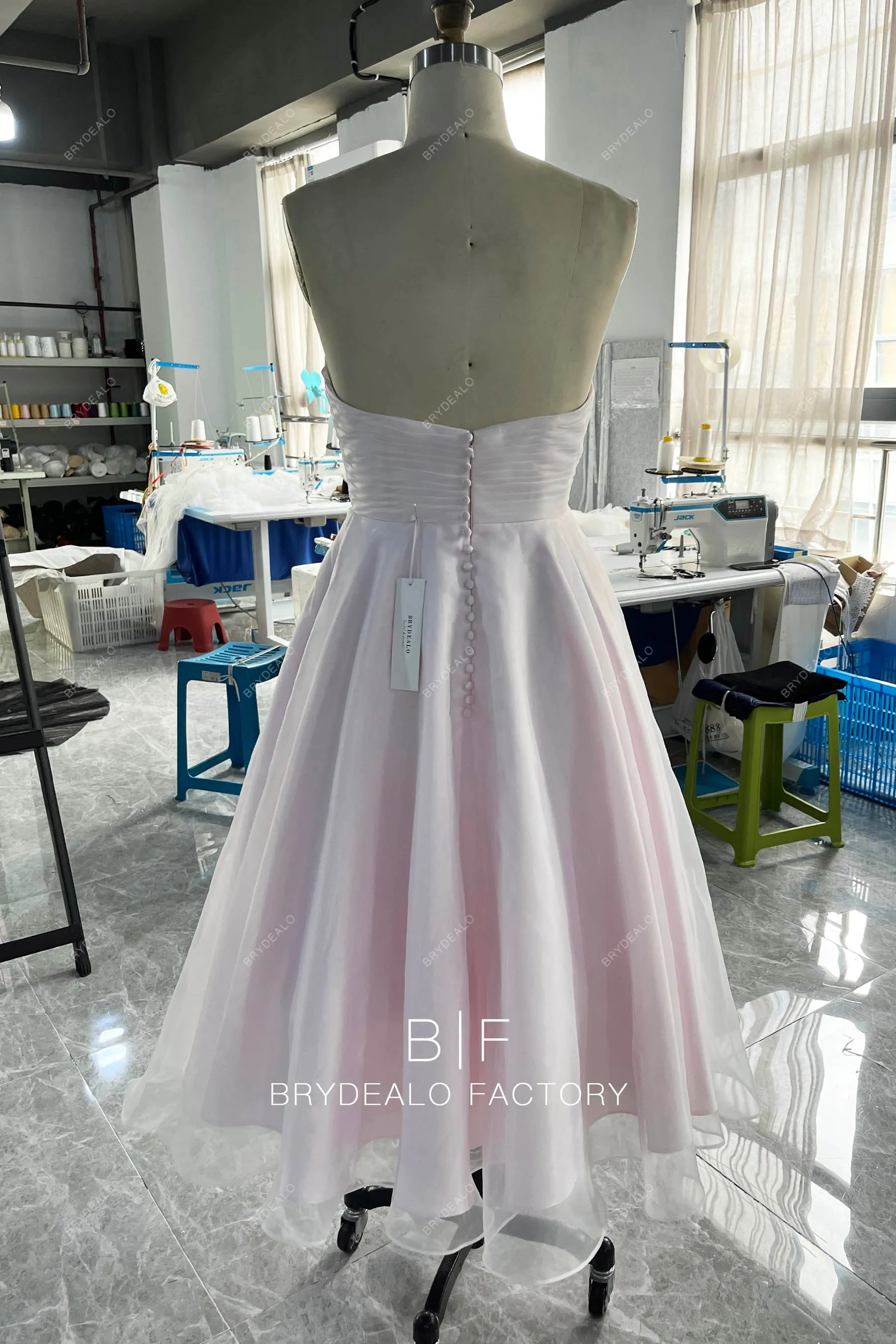 Blush Organza Strapless Tea-Length Puffy Bridal Dress