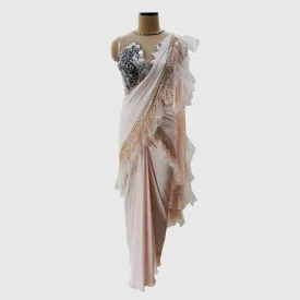 Blush Pink Ruffled Pre-Draped Saree Set