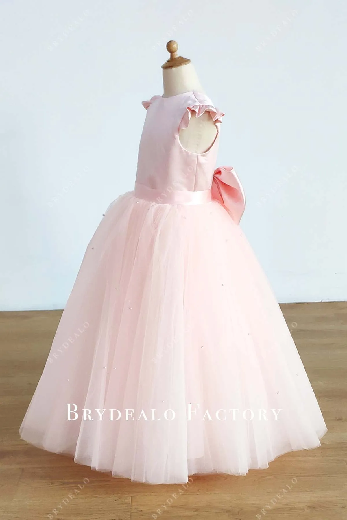 Blush Pink Satin Tulle Ball Gown Flower Girl Dress