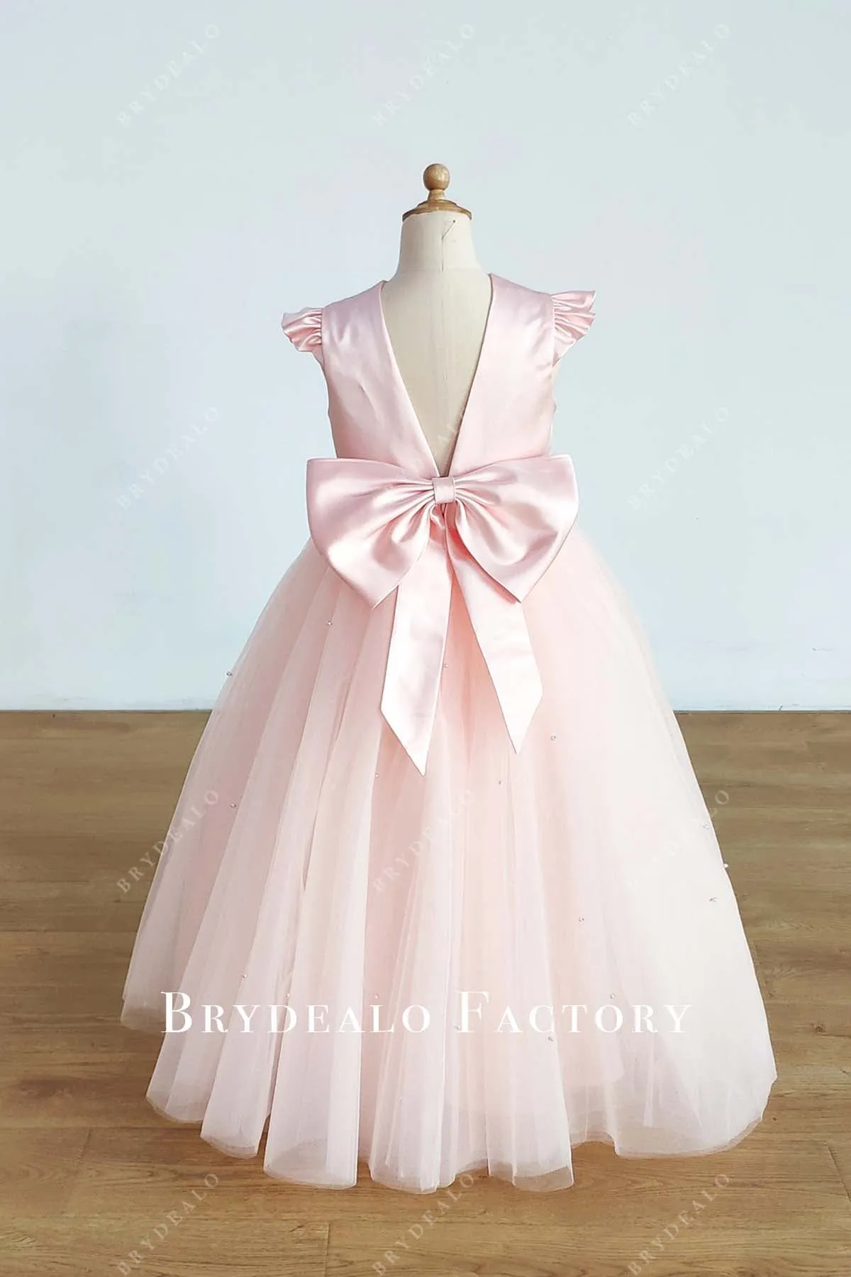 Blush Pink Satin Tulle Ball Gown Flower Girl Dress