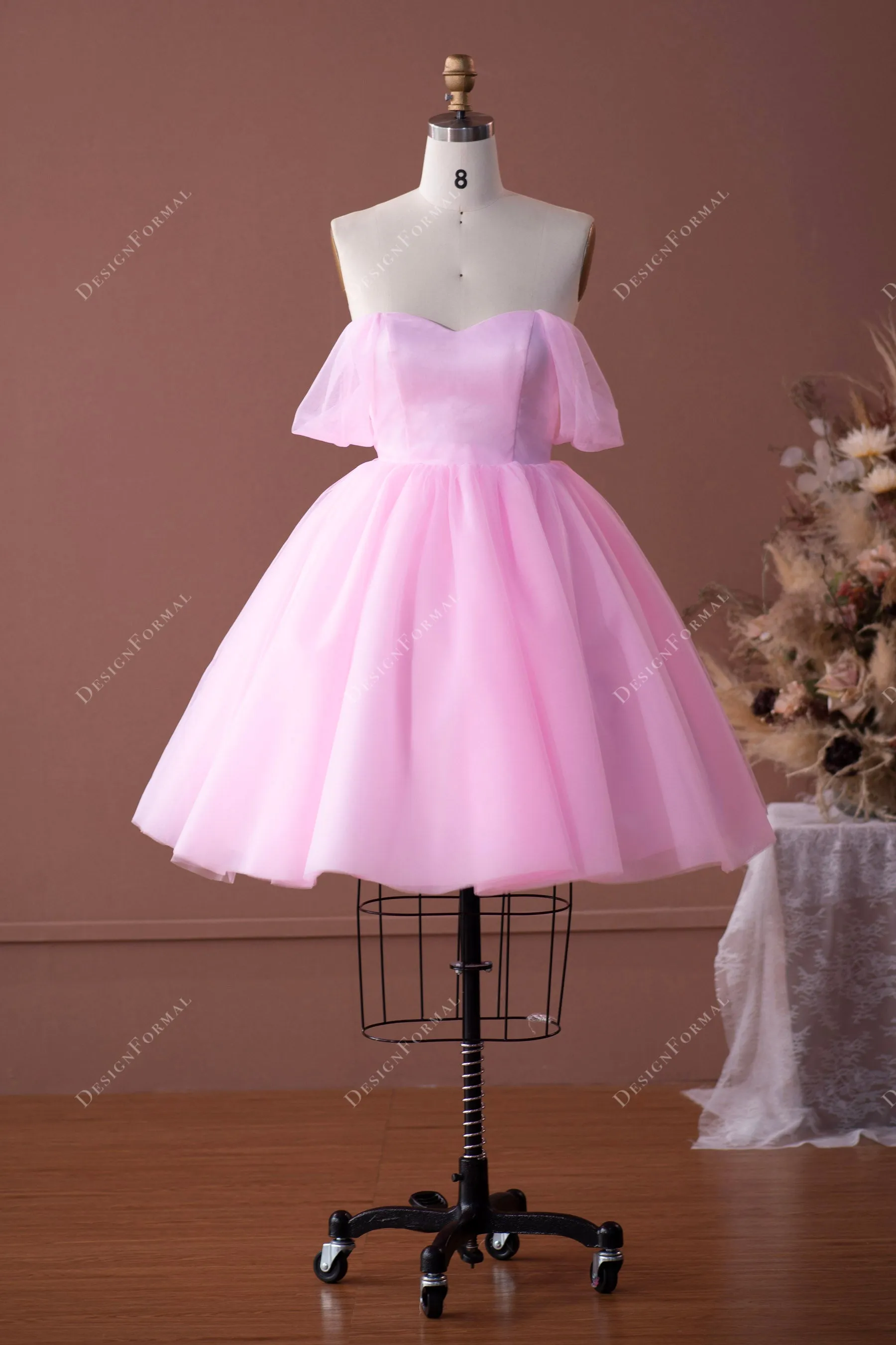 Candy Pink Tulle Off-shoulder Puffy Knee Length Formal Dress