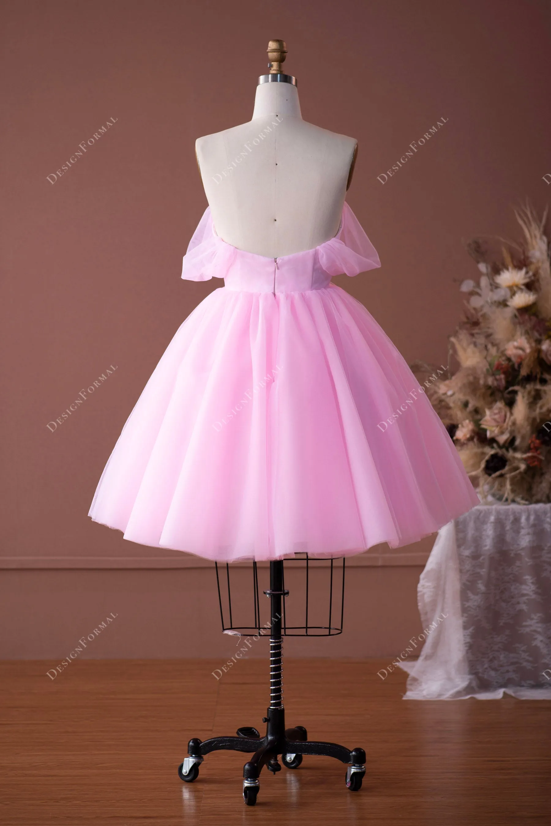 Candy Pink Tulle Off-shoulder Puffy Knee Length Formal Dress