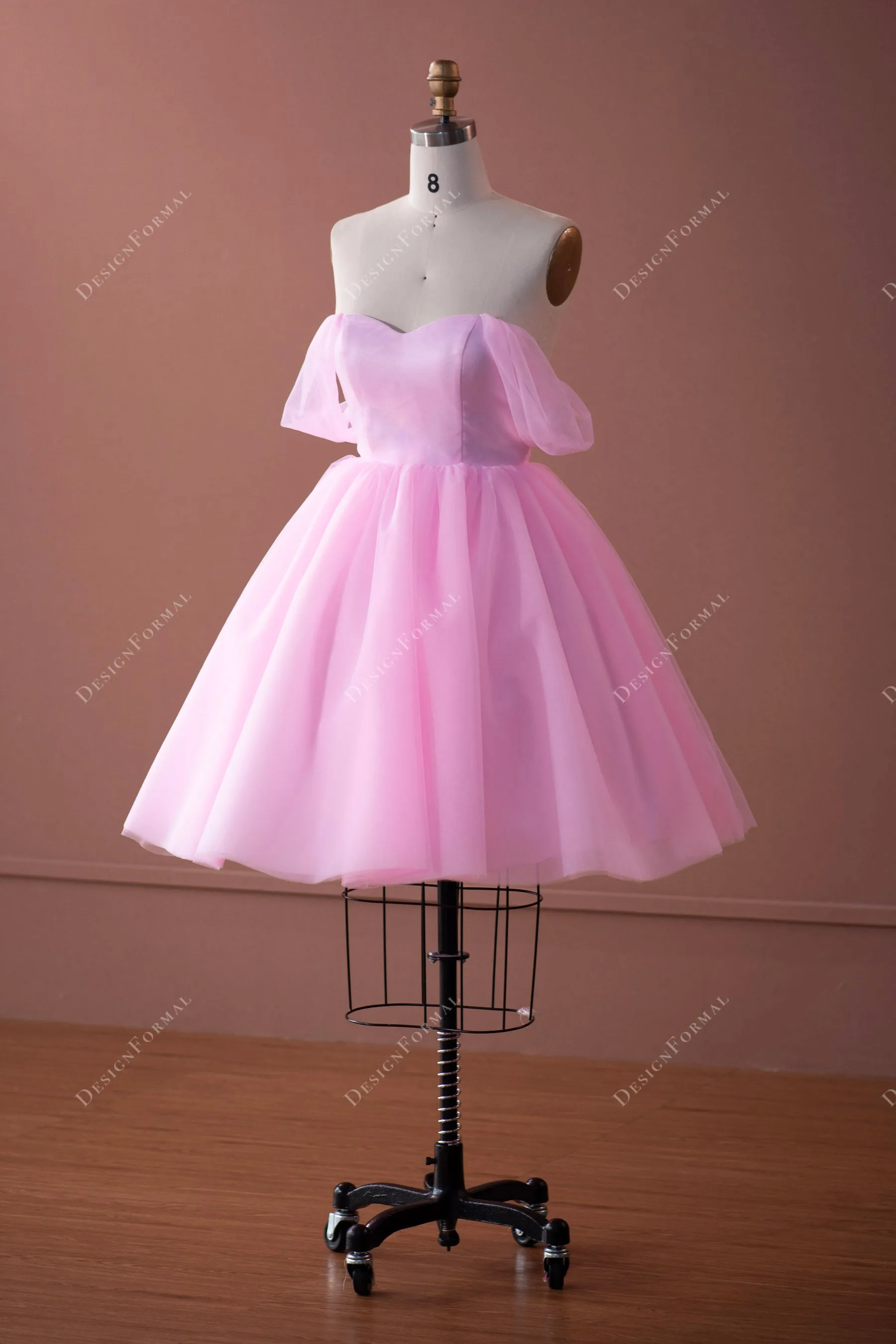 Candy Pink Tulle Off-shoulder Puffy Knee Length Formal Dress