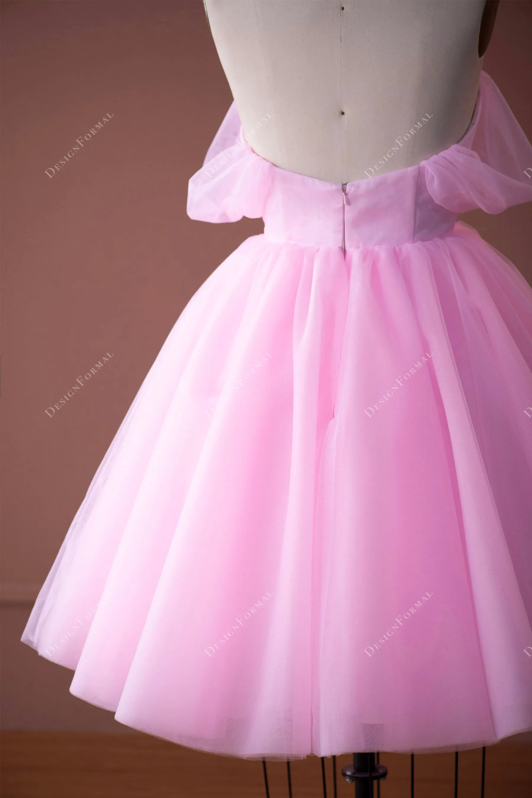 Candy Pink Tulle Off-shoulder Puffy Knee Length Formal Dress