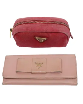 Canvas Leather Red Pink Wallet Pouch Set - Authentic PRADA