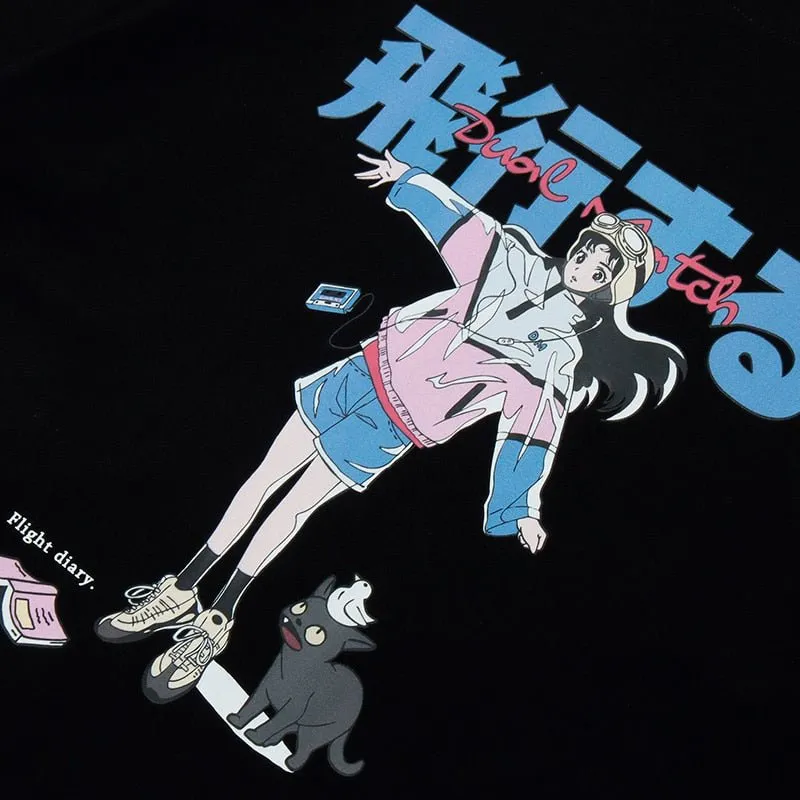 Cartoon Girl Cat Japanese Kanji Print T-Shirt