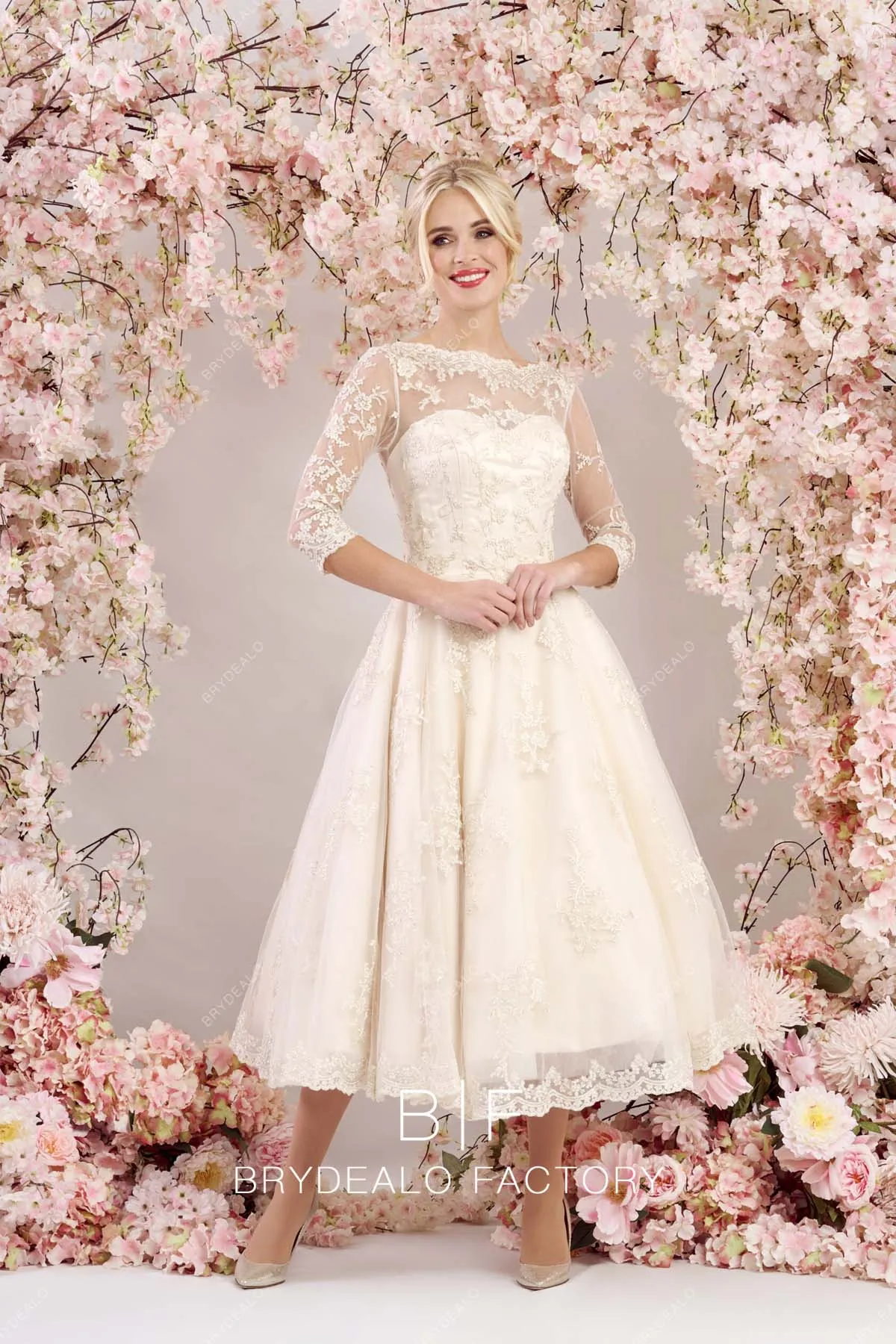 Champagne Lace Illusion Neck Sheer Sleeve Tea Length Wedding Dress