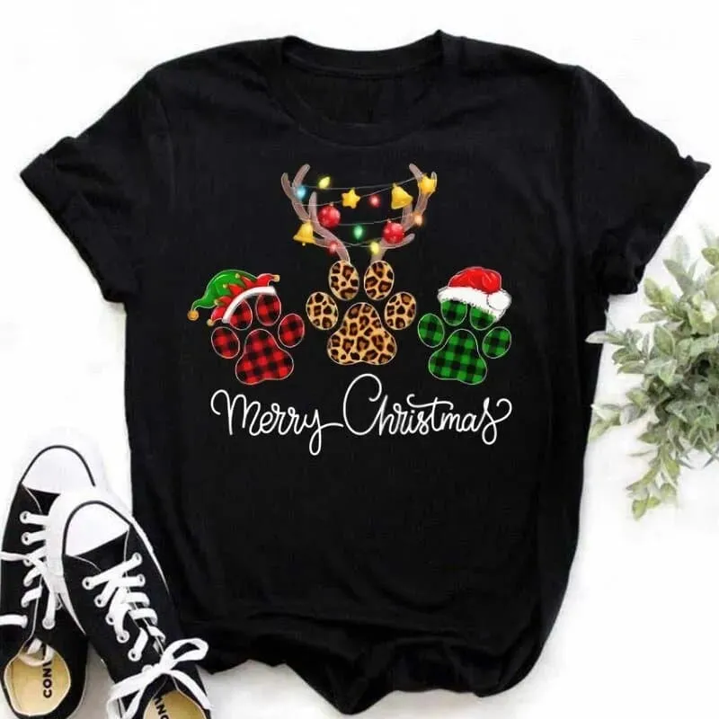 Christmas Dog Paws T-Shirt - Cute Cartoon Print, Comfortable Fit