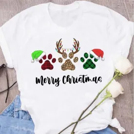 Christmas Dog Paws T-Shirt - Cute Cartoon Print, Comfortable Fit