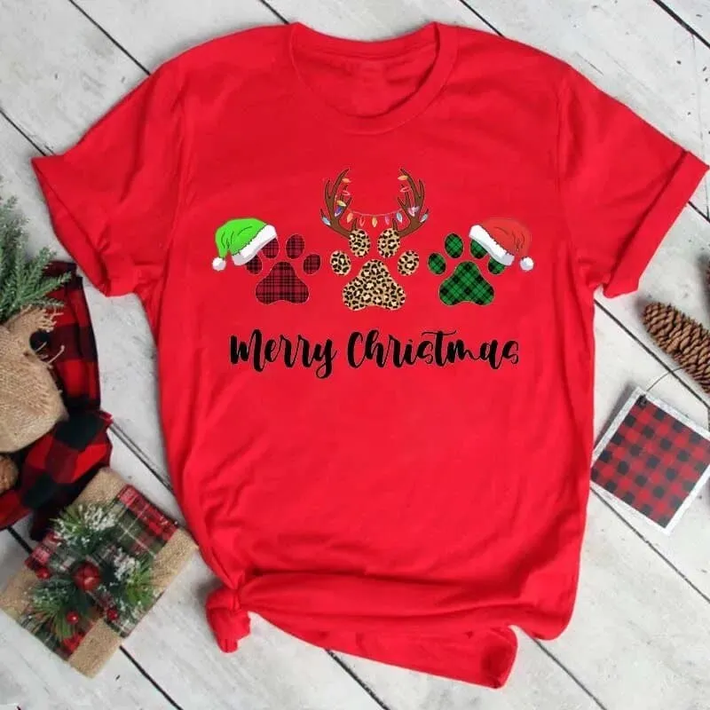 Christmas Dog Paws T-Shirt - Cute Cartoon Print, Comfortable Fit