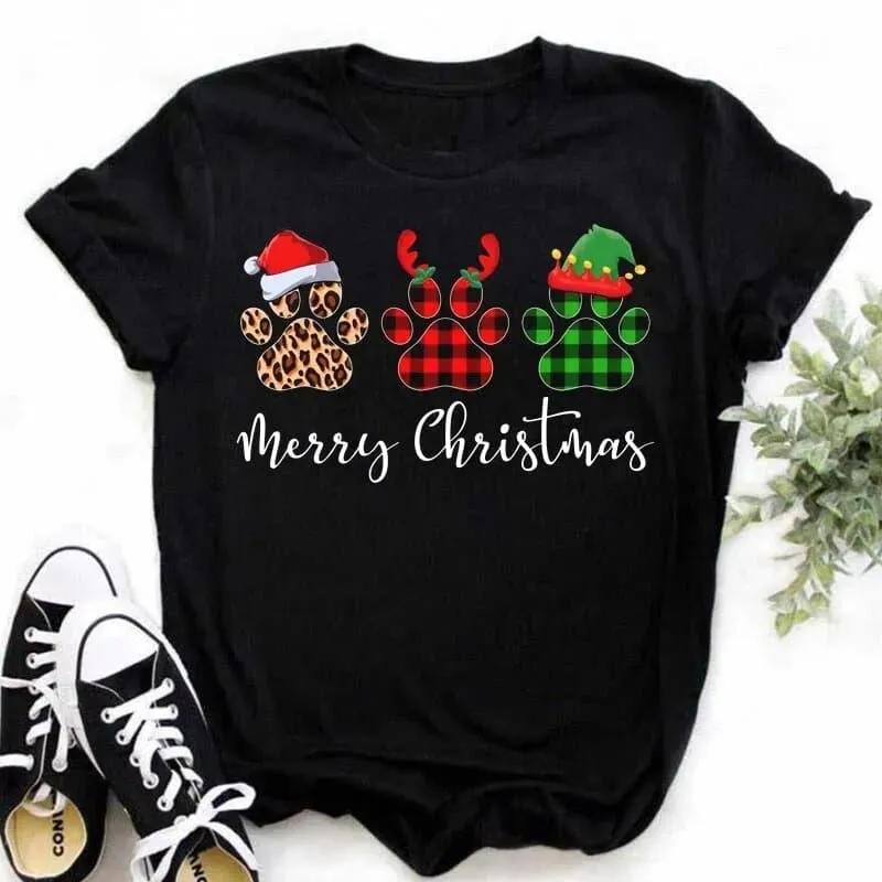 Christmas Dog Paws T-Shirt - Cute Cartoon Print, Comfortable Fit