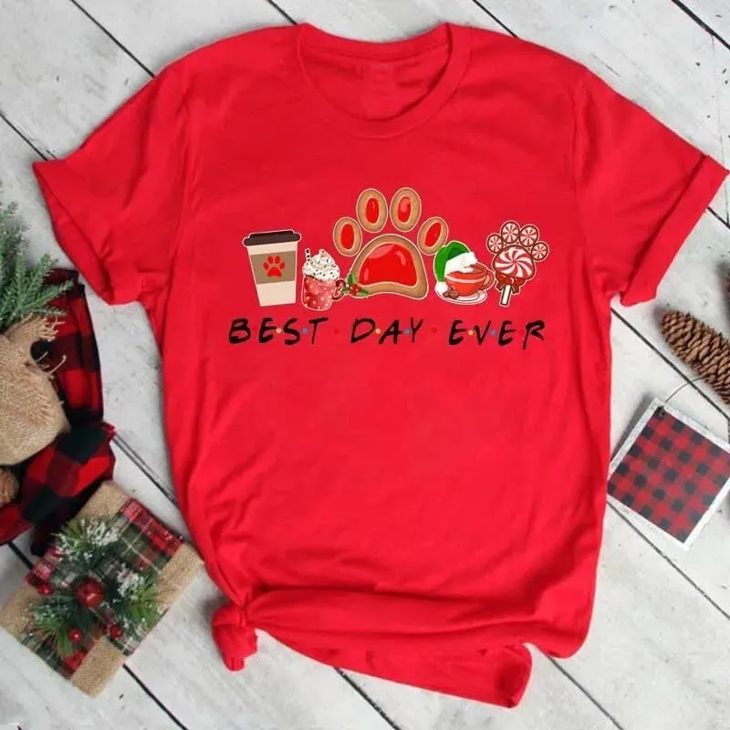 Christmas Dog Paws T-Shirt - Cute Cartoon Print, Comfortable Fit