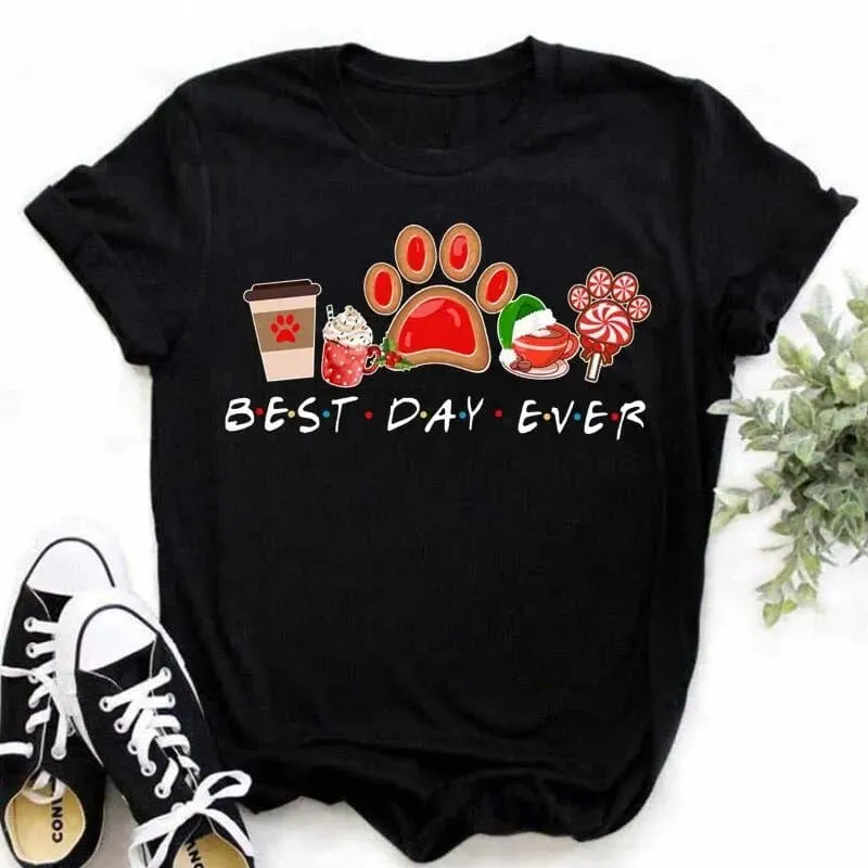 Christmas Dog Paws T-Shirt - Cute Cartoon Print, Comfortable Fit