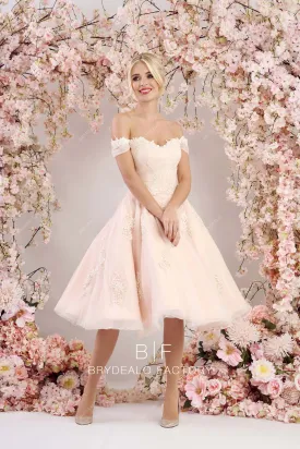 Cute Pearl Pink Off Shoulder Lace Organza Tea Length Wedding Dress