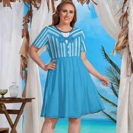 Dapper Dan Blue Women's Round Neck Plus Size Dress With Pockets