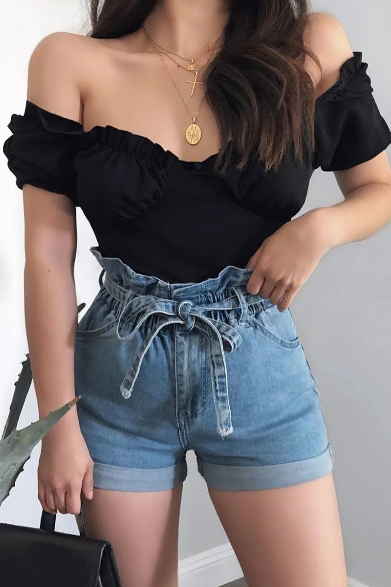 Denim Ruffle Waist Shorts - Bessie