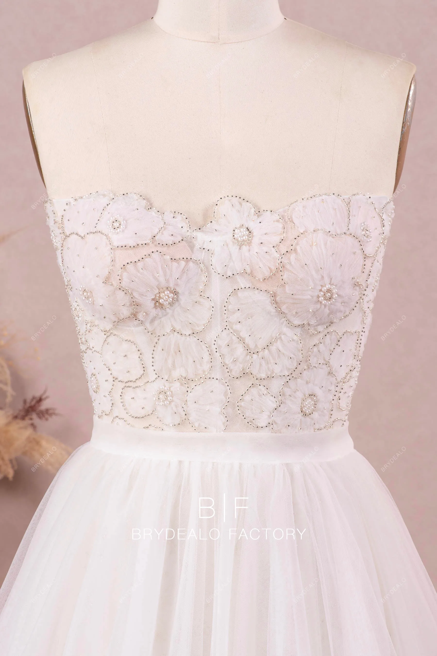 Designer Lace Strapless Corset Ball Gown Destination Wedding Dress