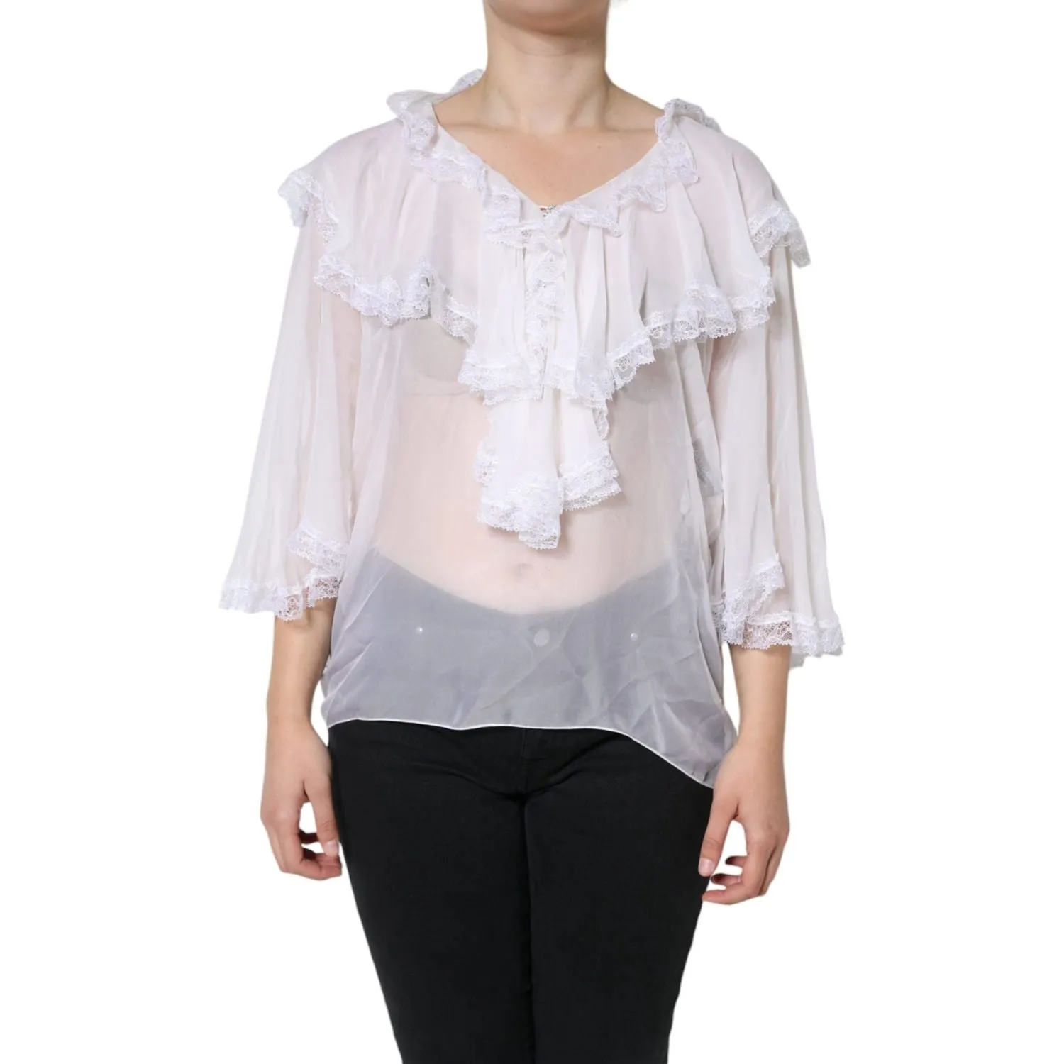 Dolce & Gabbana White Ruffles Lace Long Sleeve Blouse Top