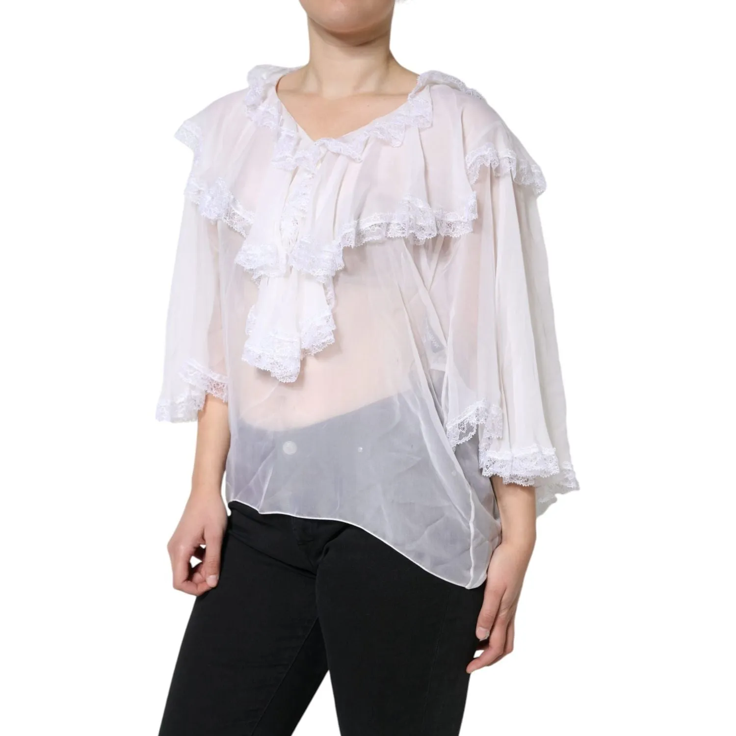 Dolce & Gabbana White Ruffles Lace Long Sleeve Blouse Top