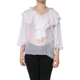 Dolce & Gabbana White Ruffles Lace Long Sleeve Blouse Top