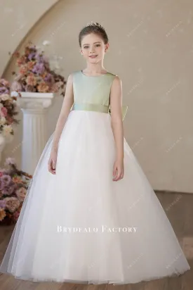 Elegant Sage Satin White Tulle Floor Length Flower Girl Dress