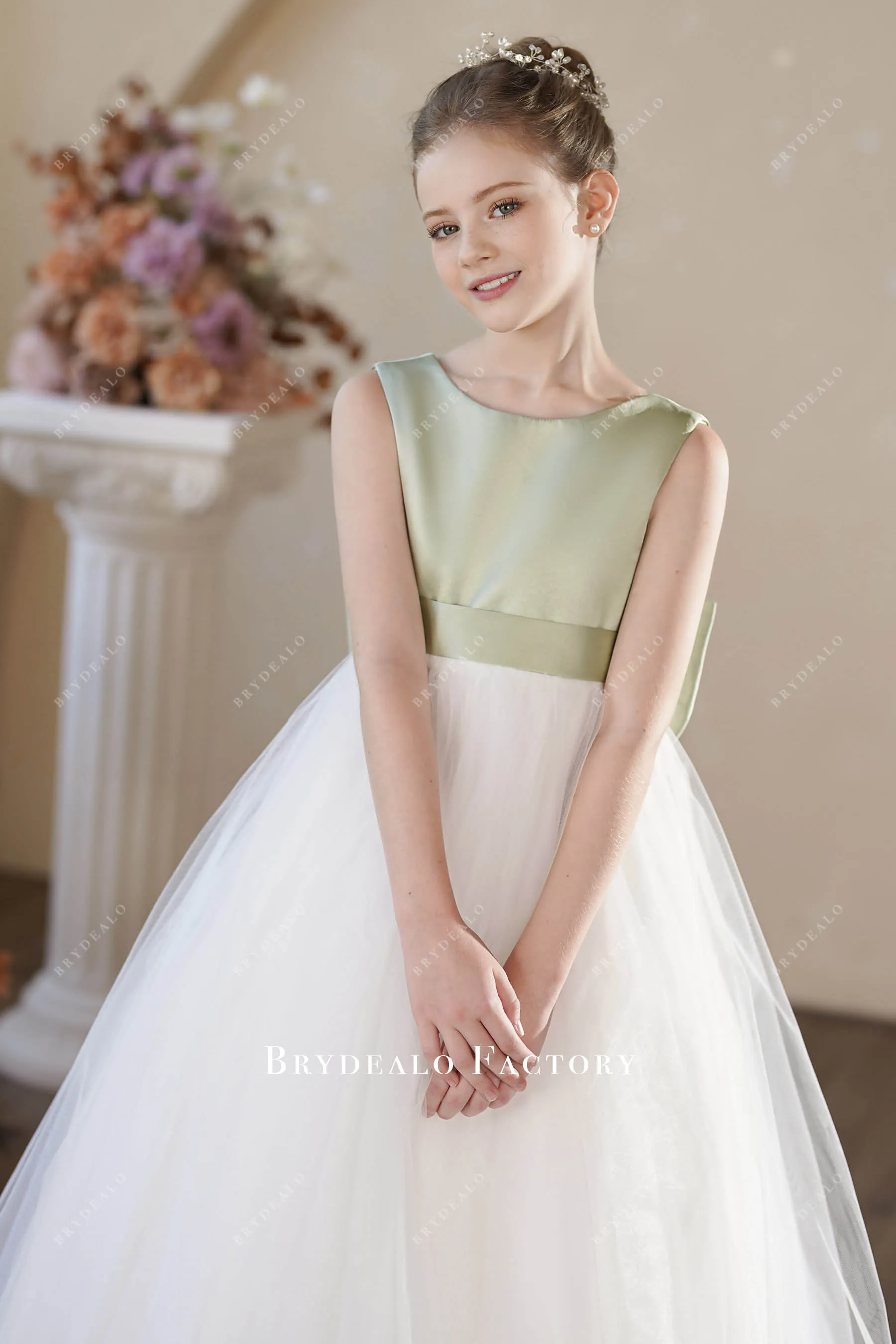 Elegant Sage Satin White Tulle Floor Length Flower Girl Dress