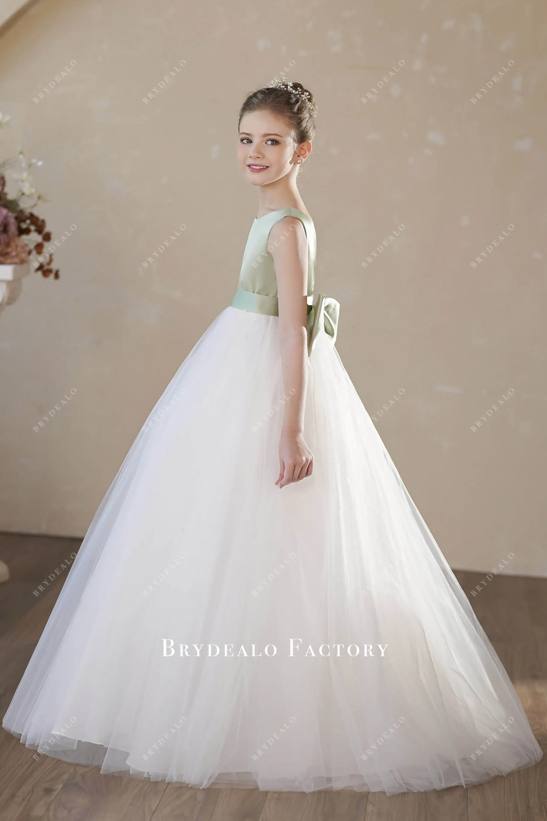 Elegant Sage Satin White Tulle Floor Length Flower Girl Dress