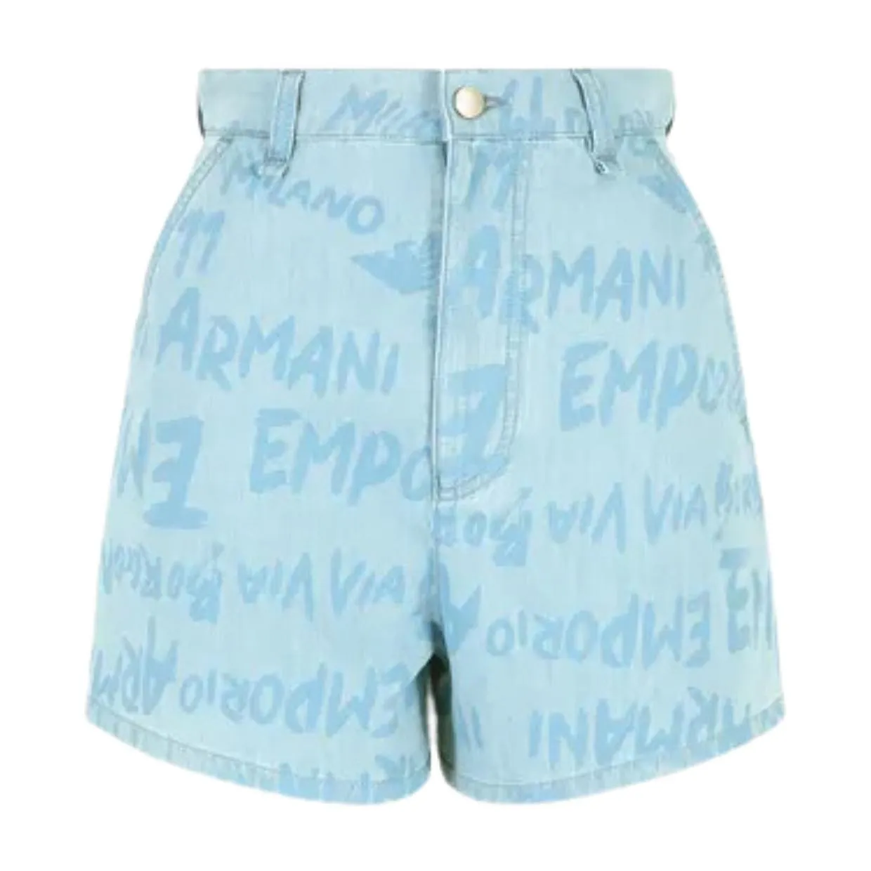 Emporio Armani All-Over Logo Lettering Print Light Denim Shorts